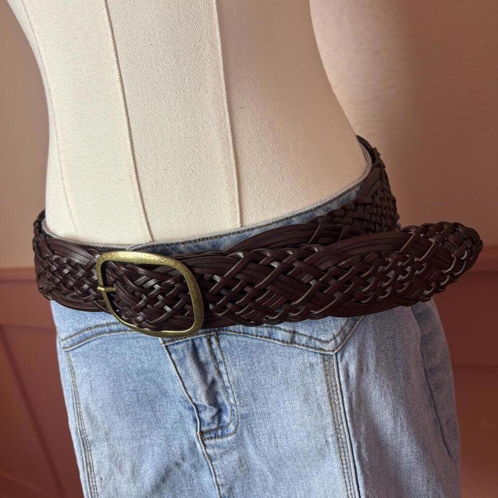 brown woven leather belt with bronze buckle boho western indie - Picture 2 of 5